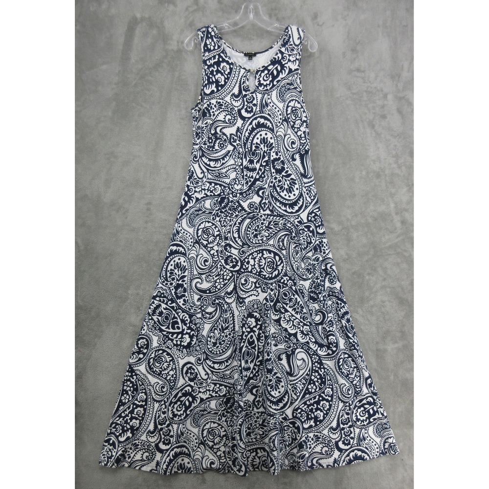 Talbots Dress Womens Size M Paisley Maxi Boho A Line Stretch Knit Coastal Navy